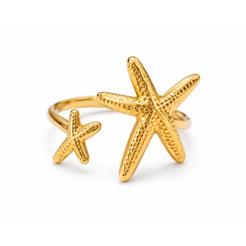 Anel Ajustável Estrelas-do-Mar em Aço Inox Dourado