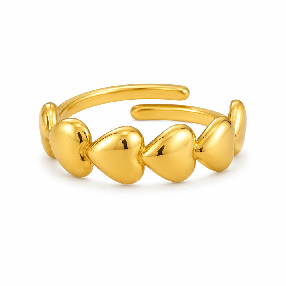 Anel Ajustável com Corações Banhado a Ouro 18K