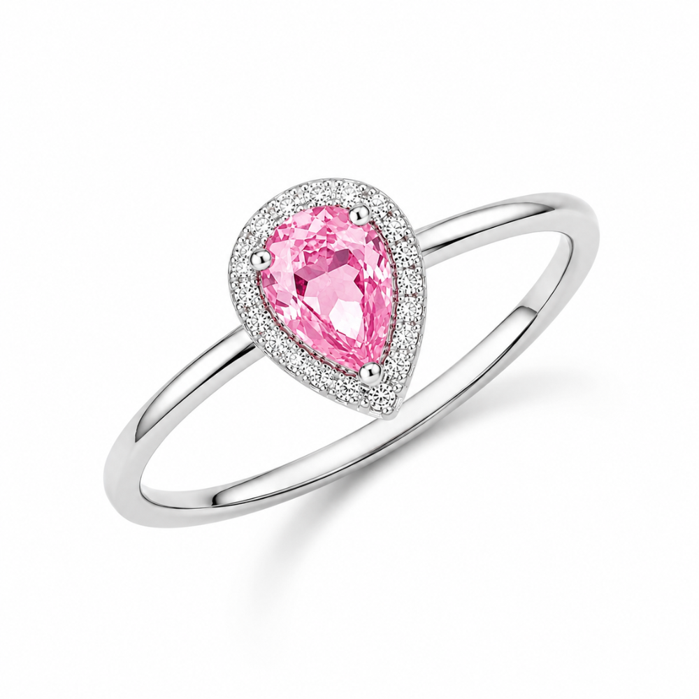 Anel Gota Rosa com Halo de Zircônias Banhado a Prata