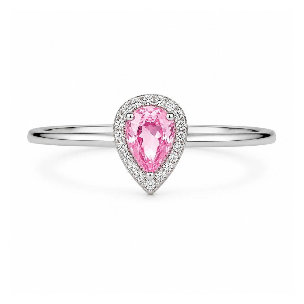 Anel Gota Rosa com Halo de Zircônias Banhado a Prata