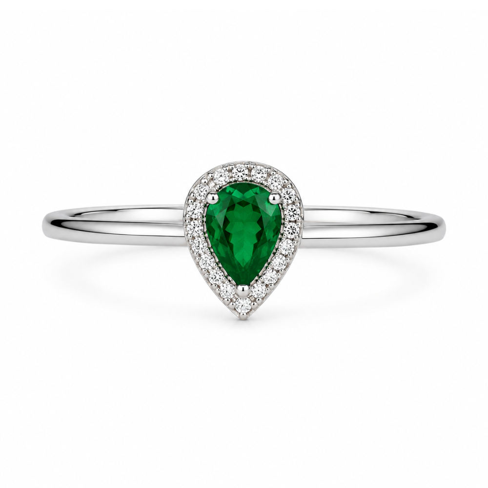 Anel Gota Verde com Halo de Zircônias Banhado a Prata