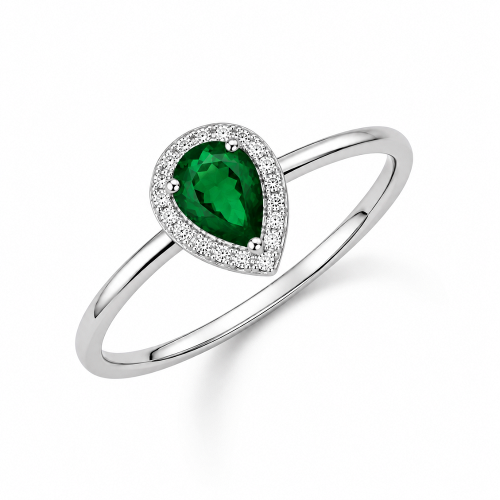 Anel Gota Verde com Halo de Zircônias Banhado a Prata