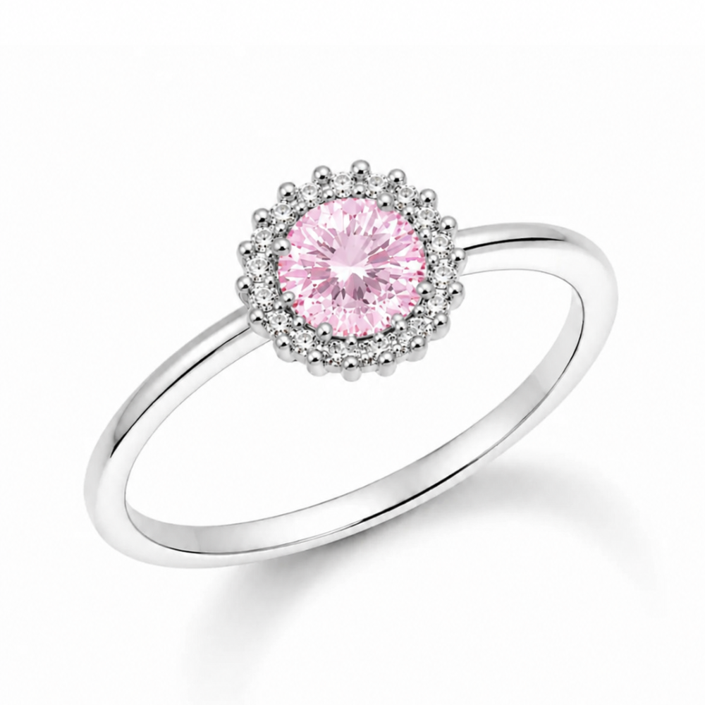 Anel Solitário com Zircônia Rosa Banhado a Prata