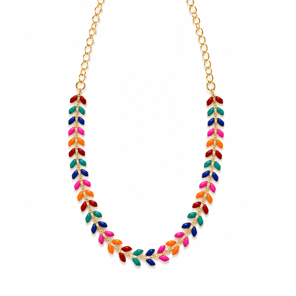 Choker Colorida com Folhas Esmaltadas Banhada a Ouro 18K
