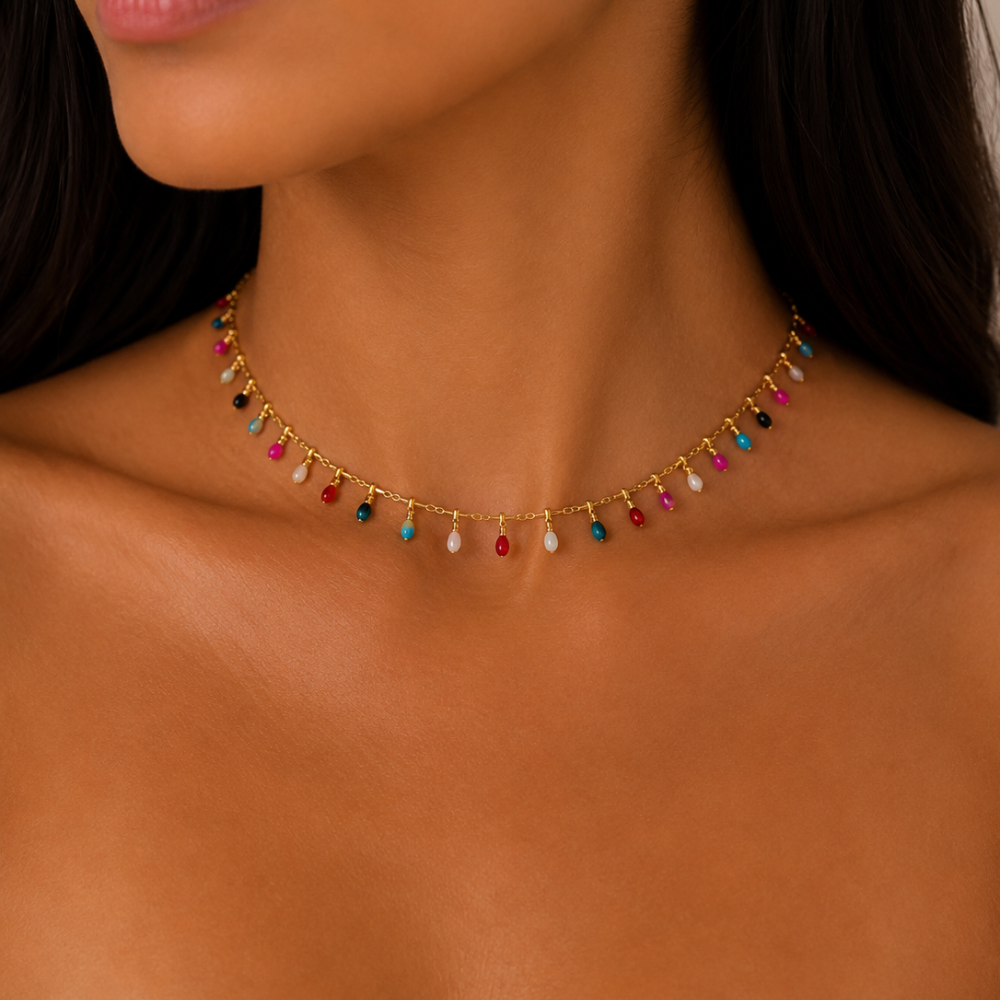 Choker Colorida com Gotas Esmaltadas Banhada a Ouro 18K