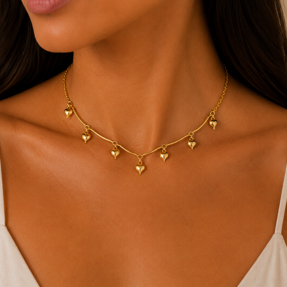 Choker Corações Pendurados Banhada a Ouro 18K