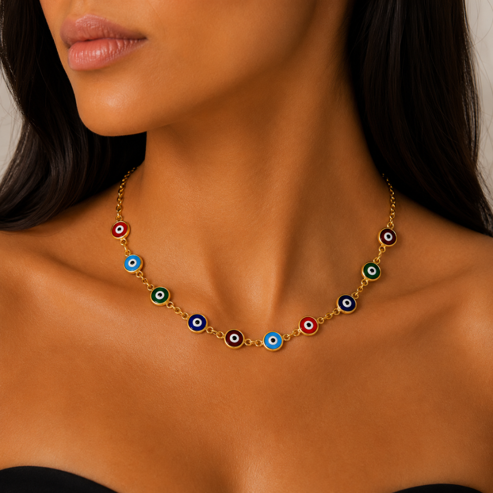Choker Olho Grego Colorido Banhada a Ouro 18K