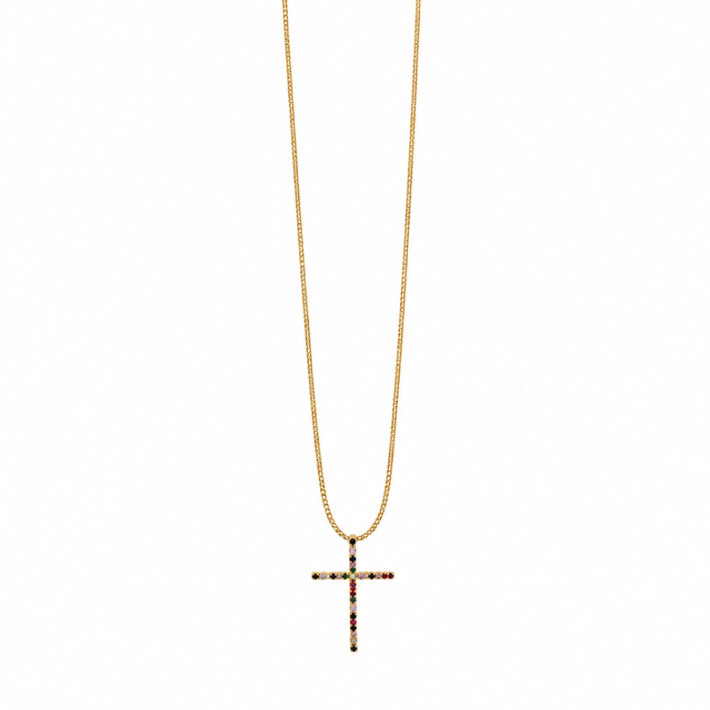 Colar Cruz Colorida Banhado a Ouro 18K