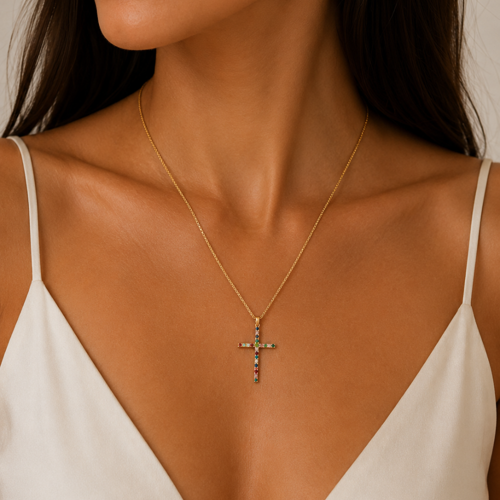 Colar Cruz Colorida Banhado a Ouro 18K