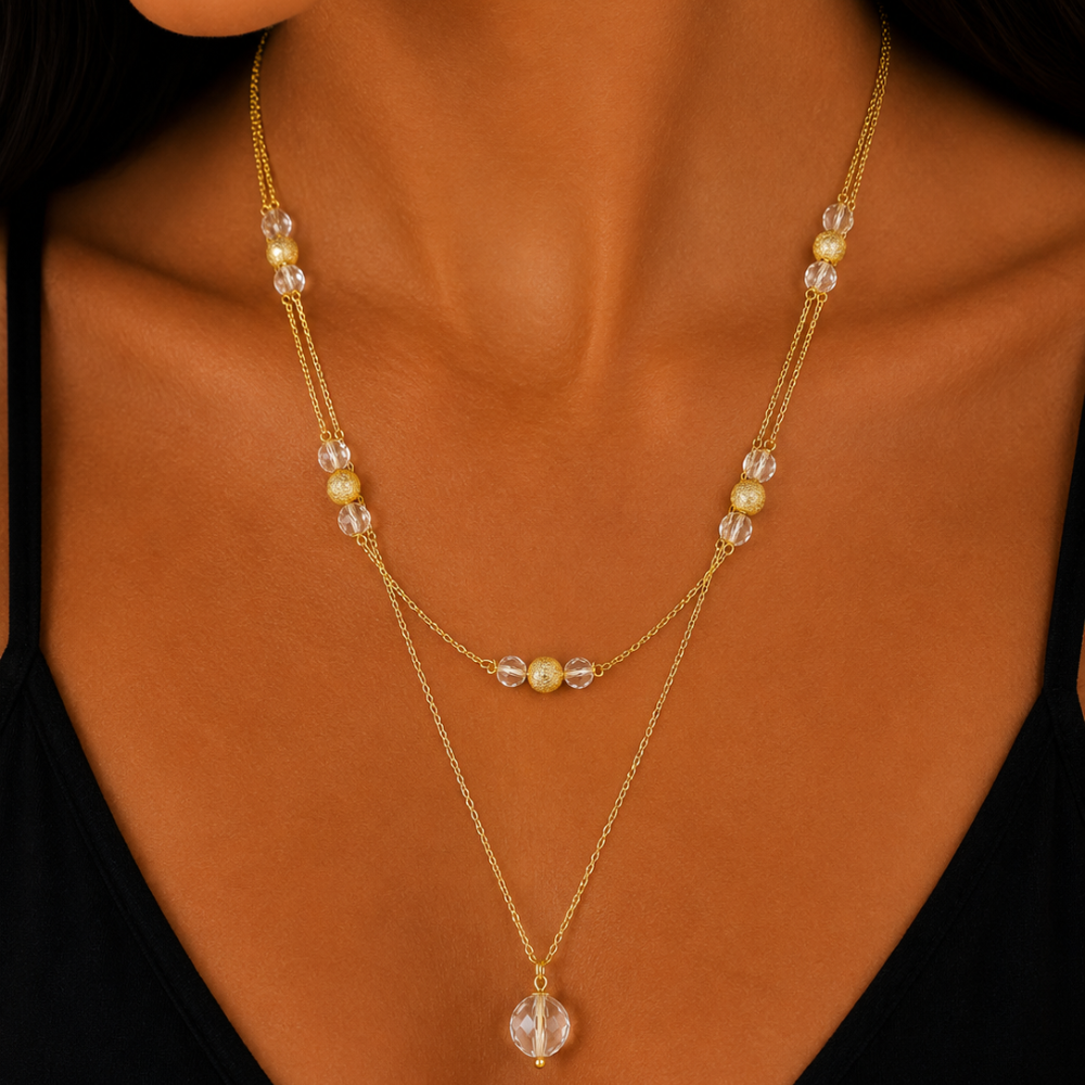 Colar Duplo com Cristais Transparentes Banhado a Ouro 18K