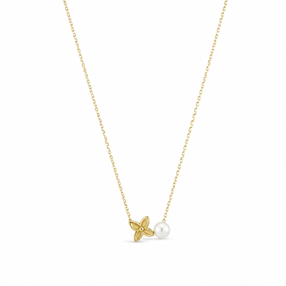 Colar Flor com Pérola Dourado em Aço Inox