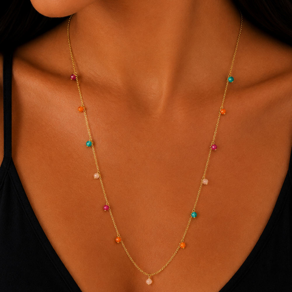 Colar Longo Colorido Banhado a Ouro 18K