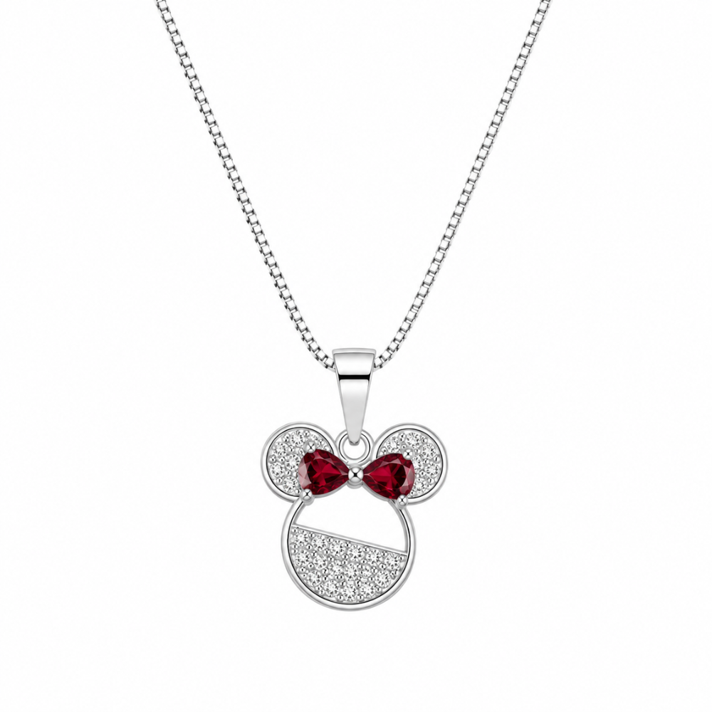Colar Minnie Cravejado com Laço Vermelho Prata