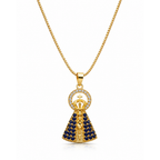 Colar Nossa Senhora Aparecida com Zircônias Azuis Banhado a Ouro 18K