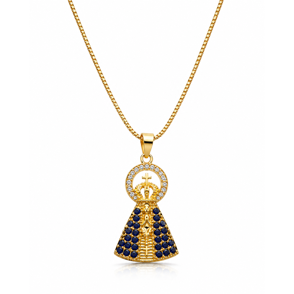 Colar Nossa Senhora Aparecida com Zircônias Azuis Banhado a Ouro 18K
