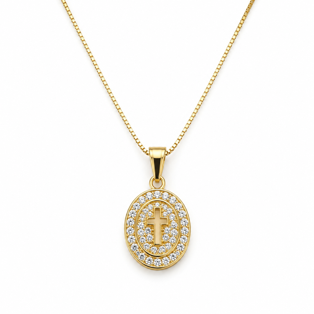 Colar Religioso Oval com Cruz Cravejada Dourado