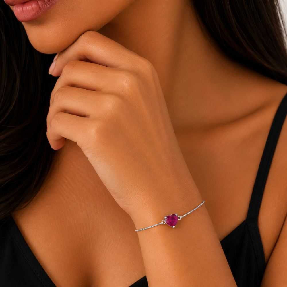 Pulseira Coração Rubi Banhada a Prata