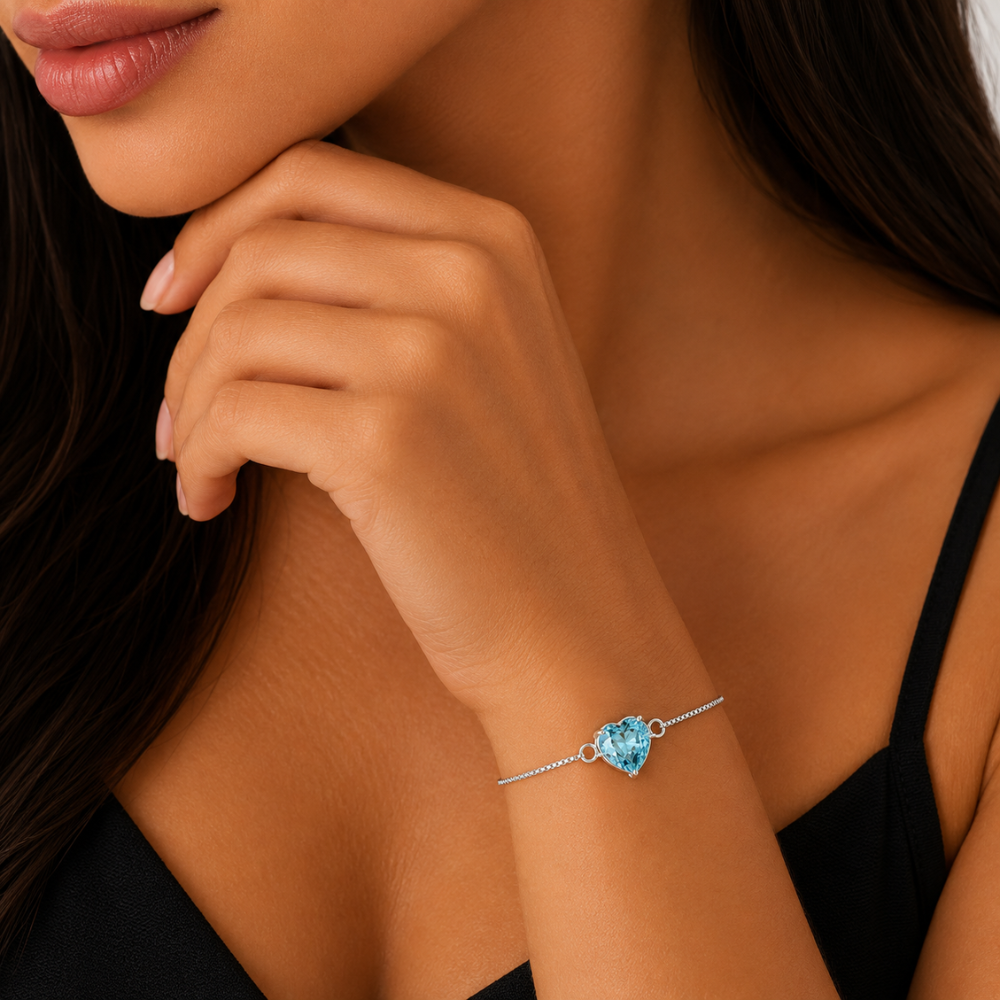 Pulseira Coração Azul com Zircônia Banhada a Prata