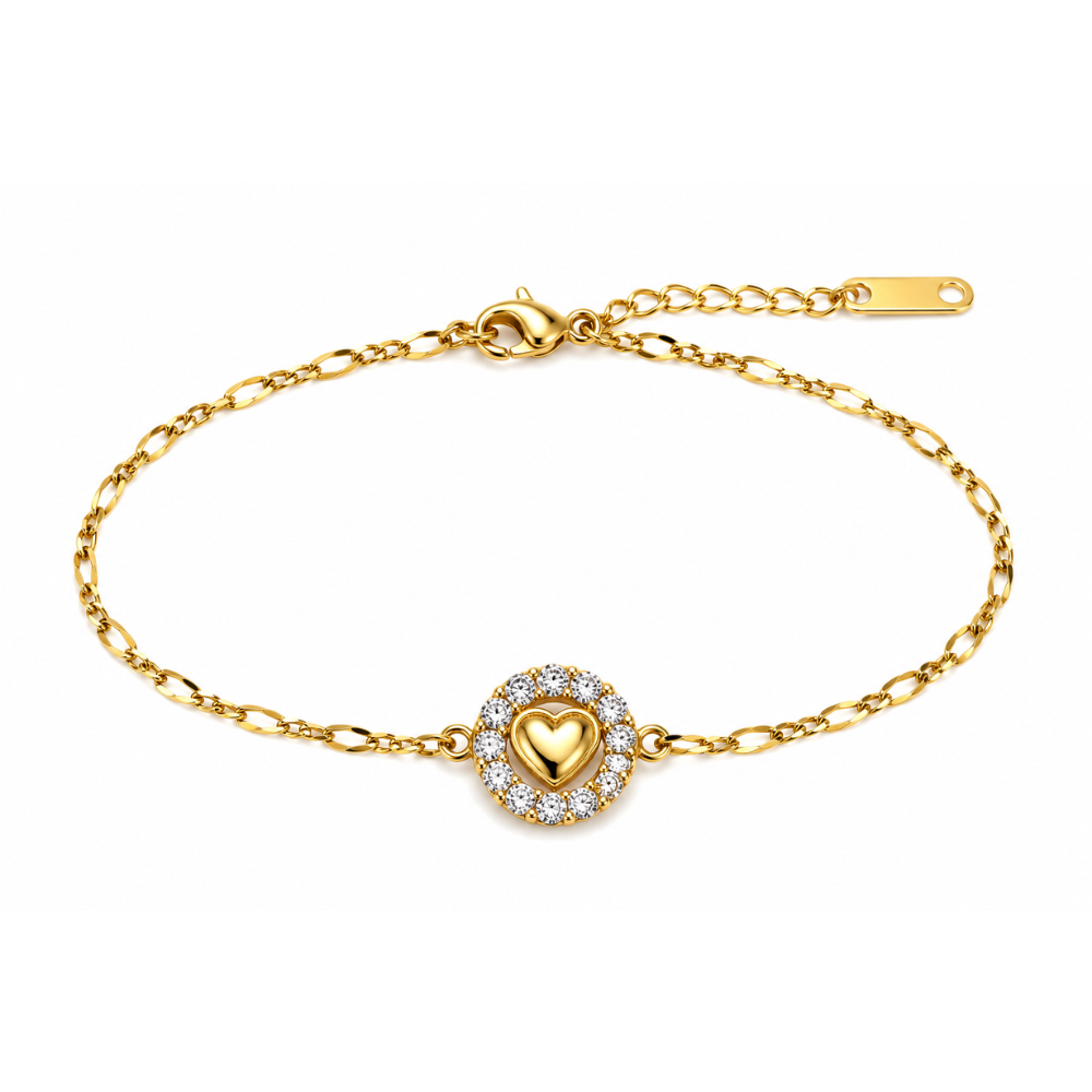 Pulseira Coração em Aço Inox Dourado com Zircônias