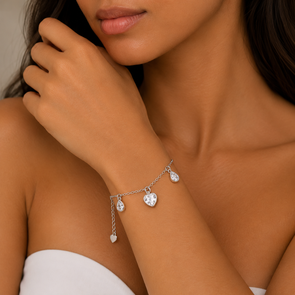 Pulseira Coração e Gotas de Zircônia em Prata 925