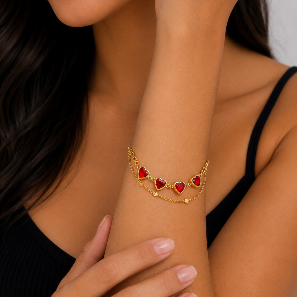Pulseira Corações Vermelhos Dourada