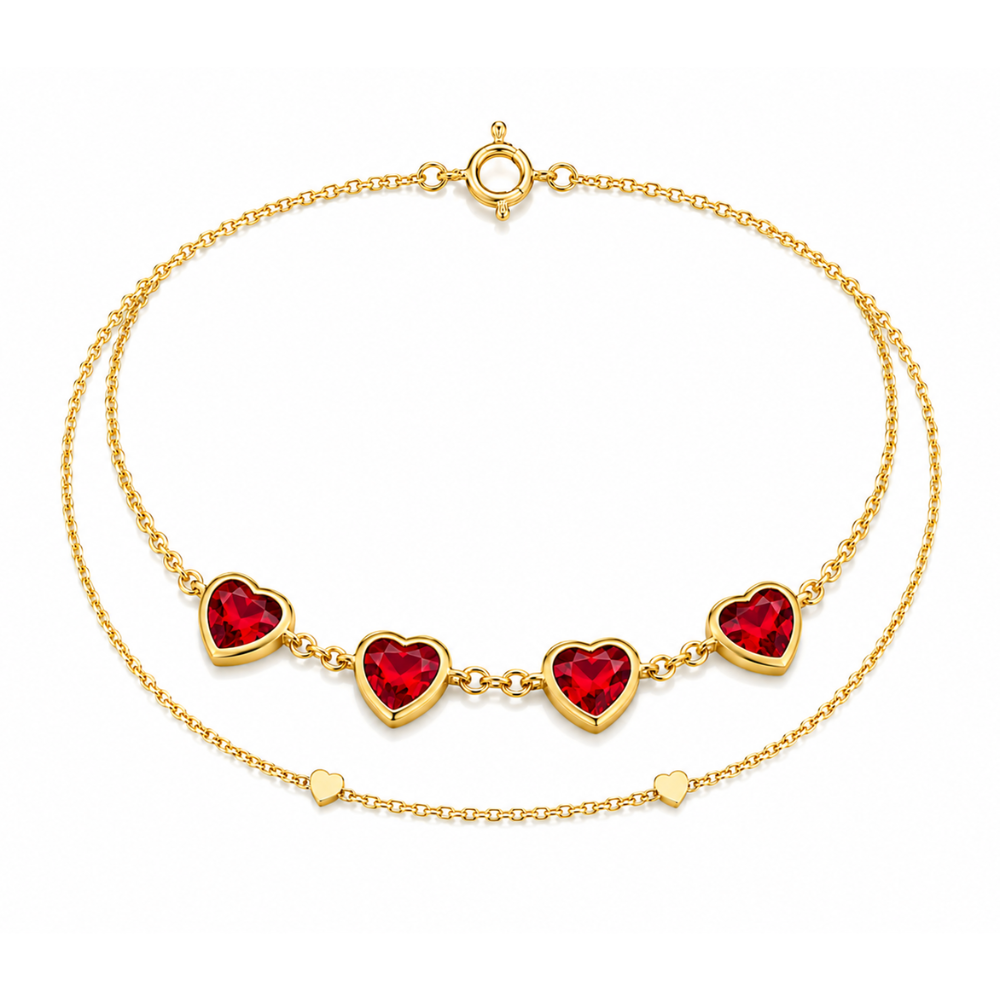 Pulseira Corações Vermelhos Dourada