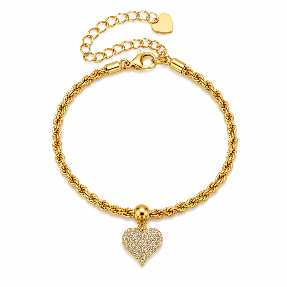 Pulseira Corda com Coração Cravejado Banhada a Ouro 18K