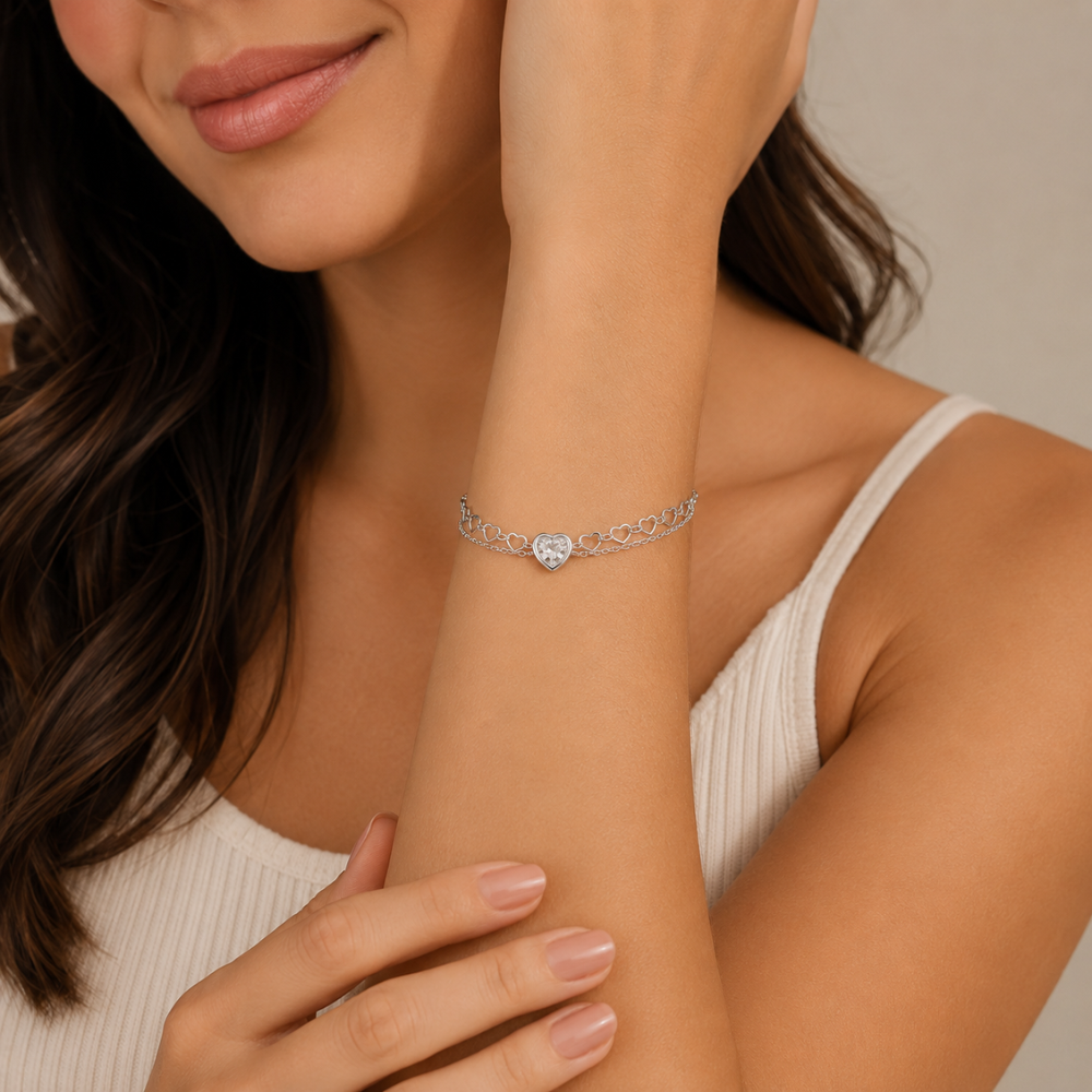 Pulseira Dupla Corações com Cristal