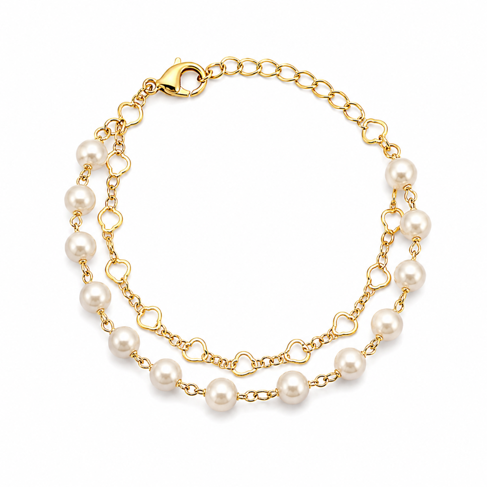 Pulseira Dupla com Pérolas e Corações Banhada a Ouro 18K