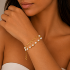 Pulseira Dupla com Pérolas e Corações Banhada a Ouro 18K
